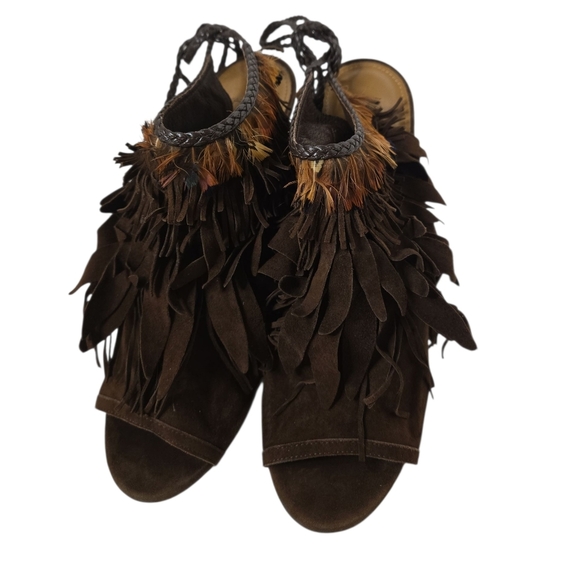 Aquazzura Brown  Suede Tassel Ankle Tie Sandals Size 38 - Picture 4 of 8